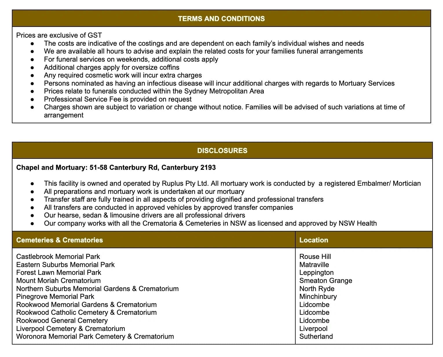 Terms and conditions and disclosures for the chapel and mortuary at 51-58 Canterbury Rd, Canterbury, with the list of cemeteries and crematoria served